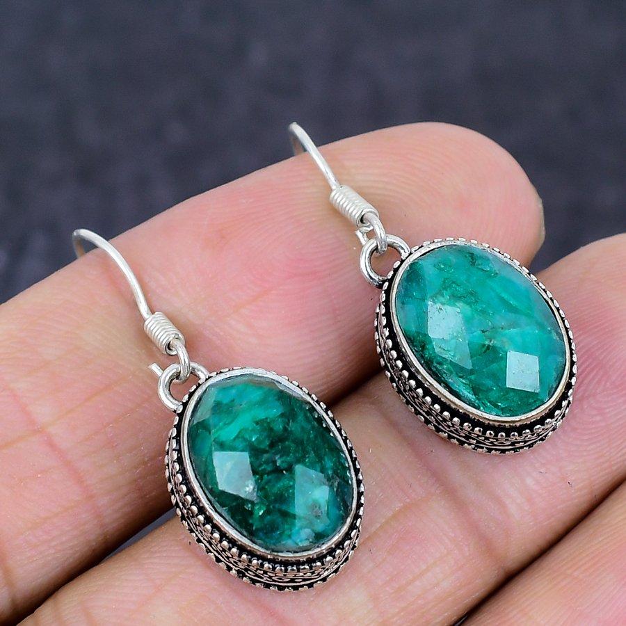 Emerald(Simulated) 925 Sterling Silver Jewelry Earring 1.38" W7y36