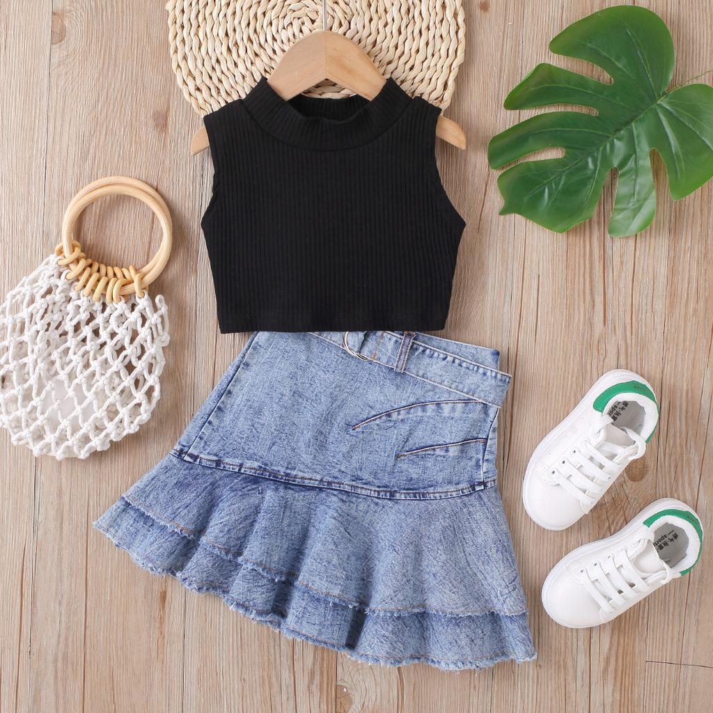 Girls' Fashion Set, Summer Children's Casual Solid-color Sleeveless Top, Denim Pleated Skirt Set