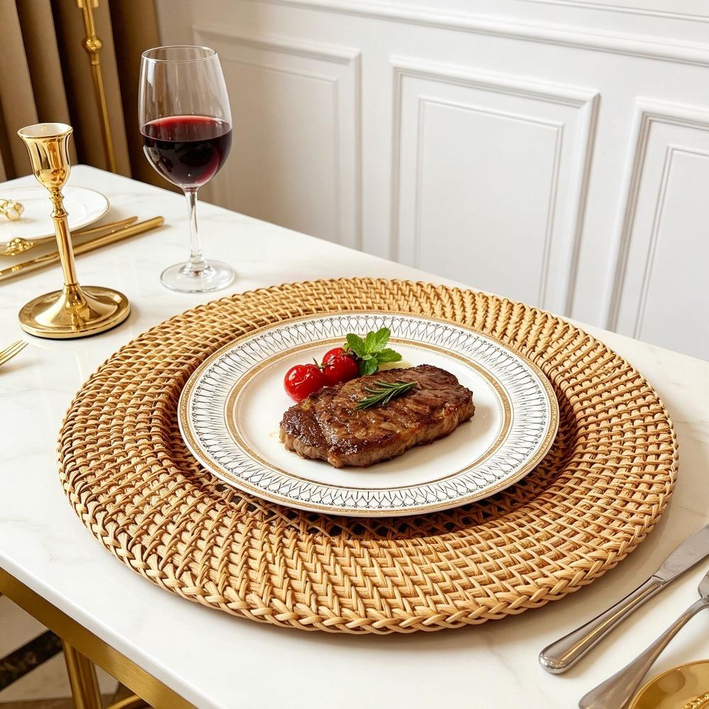 Vintage Tableware Mat Decorative Snack Serving Tray Nordic Handwoven Rattan Tray  Living Room