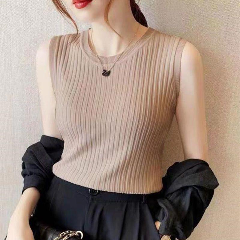 2025 Women's Versatile Ice Silk Spaghetti Strap Tank Top Sleeveless Crew Neck Undershirt