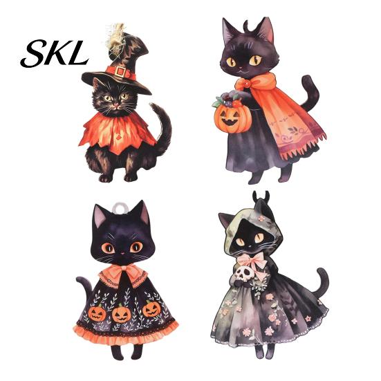 Whimsical Witch Cat Room Decor Halloween Wooden Hanging Ornament, Decorative Pendant, Watercolor Wood Cute Holiday Party Favors for Tree And