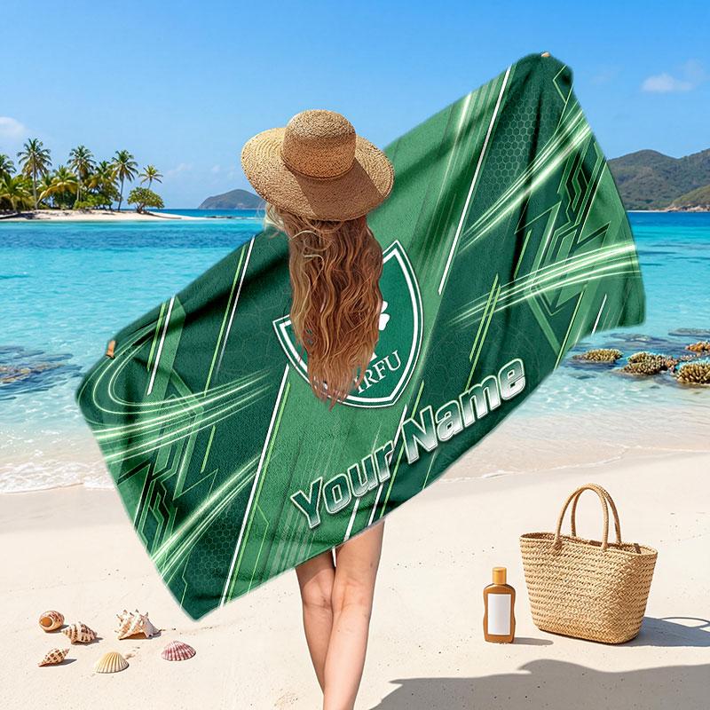 Ireland Rugby Customized Name Text Beach Towel, Soft Absorbent Towel Beach Pool Travel Personal Gift