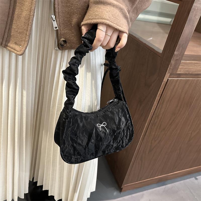 Lightweight Bow Square Shoulder Bags for Women Korean Style Ladies Underarm Bag Simple Female Pleated Drawstring Handbags Purse