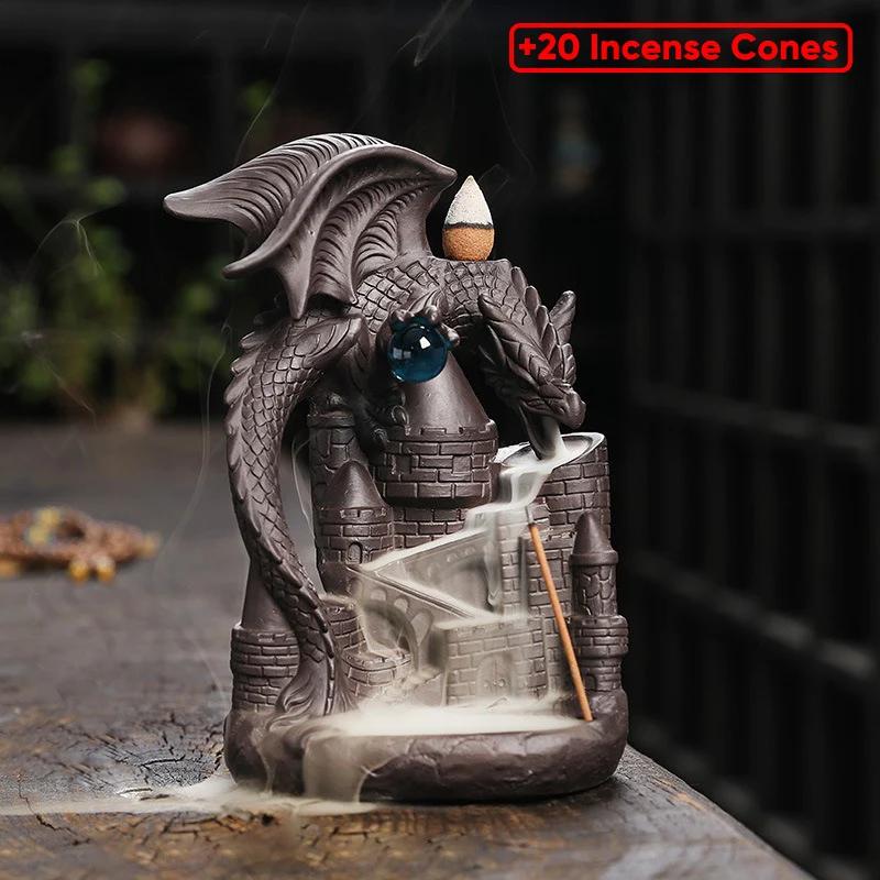 Purple Sand Dragon Inverted Incense Burner Creative Ceramic Castle Winged Dragon Inverted Smoke Incense Burner Ornaments Crafts
