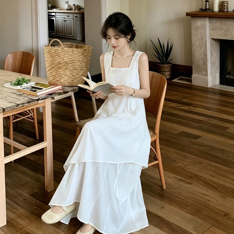 2026 New French First Love White Spaghetti Strap Dress for Women, Summer Niche Design, Elegant and High-End Long Dress
