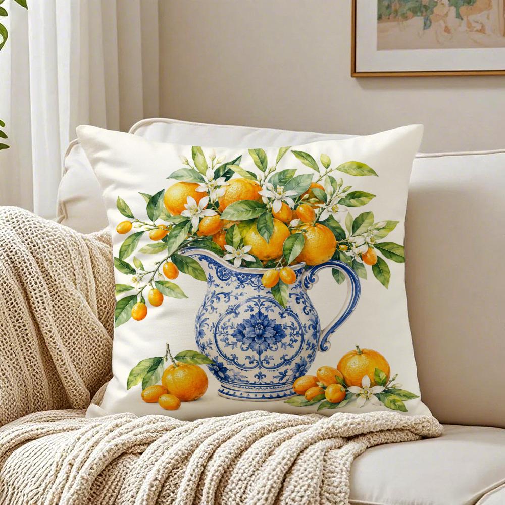 Porcelain Fruits Summer Cushion Cover Double-Sided Plush Sofa Cushion Covers Organic Breathable Invisible Zipper