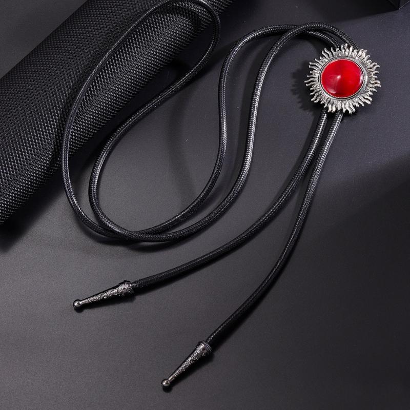 Vintage Sun Shape Gem Stone Bolo Tie Cowboy Costume Accessory for Men and Women Western Braided Cord Necktie Necklace
