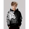 Boys' 3D Printed Hooded Sweatshirt - Black and White Contrasting Pattern Pullover, Long Sleeved Outdoor Sweatshirt