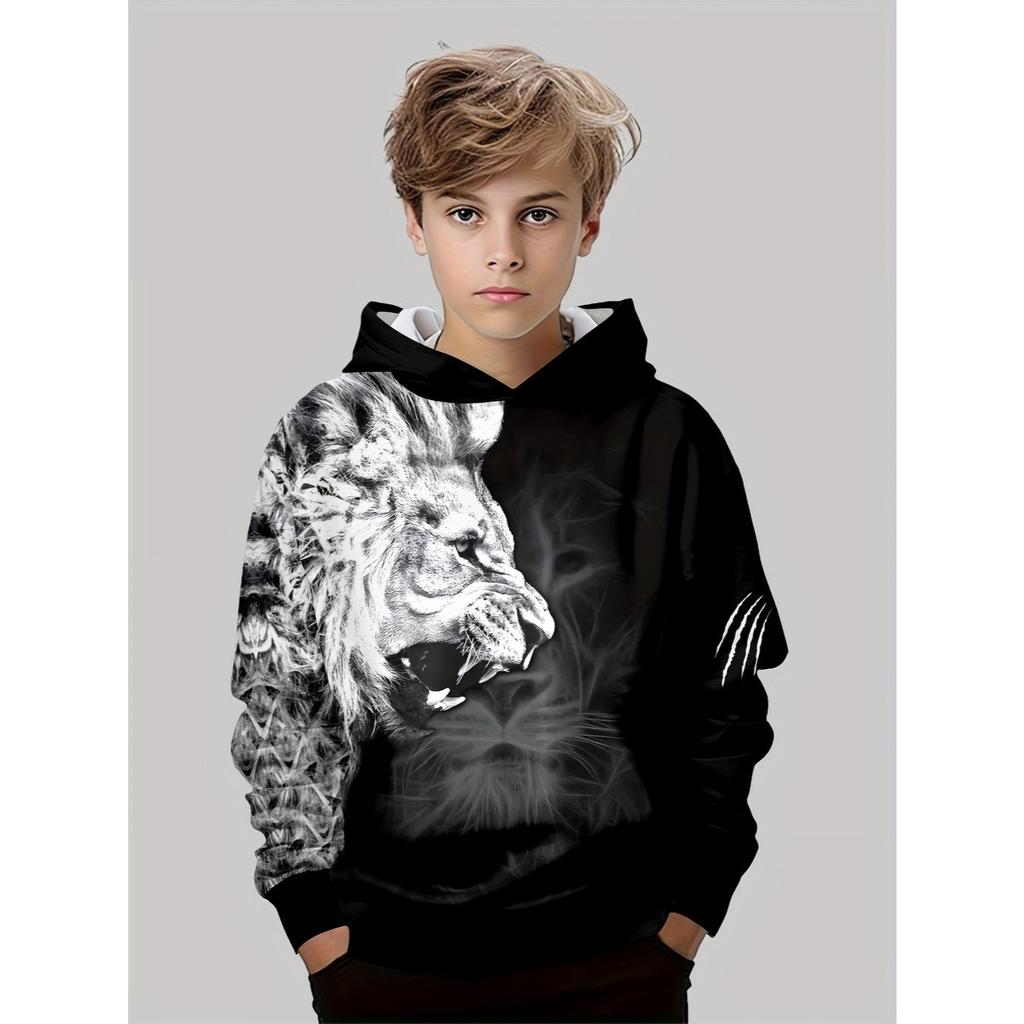 Boys' 3D Printed Hooded Sweatshirt - Black and White Contrasting Pattern Pullover, Long Sleeved Outdoor Sweatshirt