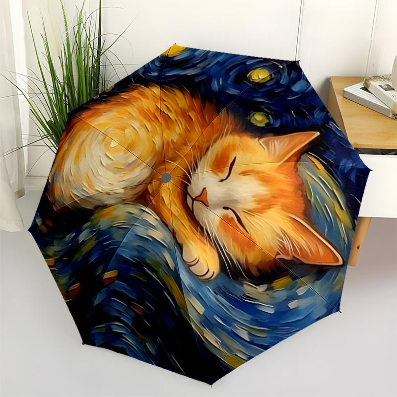 1pc Cat Night Automatic Folding Umbrella - Compact 8-Rib Design, Durable Plastic & Iron, Lightweight for Outdoor Daily Use087