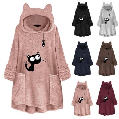 Women Fleece Embroidery Cat Ear Plus Size Hoodie Pocket Top Sweater Blouse