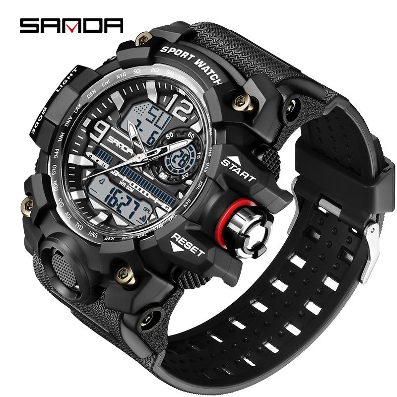 SANDA 3133 Men Quartz Watch Dual Display Multifunction Wristwatches Luminous Sport Waterproof Military Wristwatch for Male
