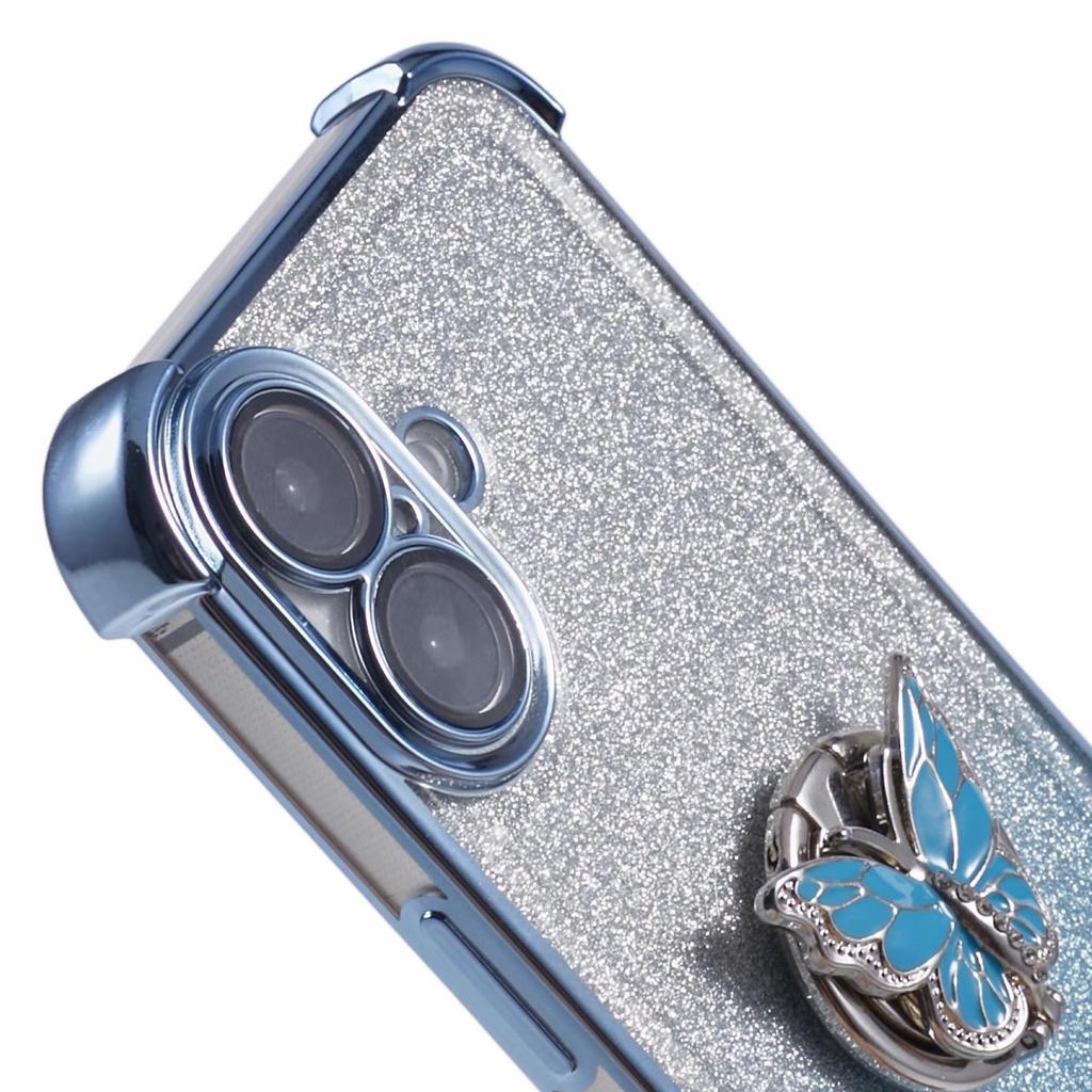 For iPhone 16 Case Butterfly Kickstand Glitter TPU Shockproof Phone Cover - Blue