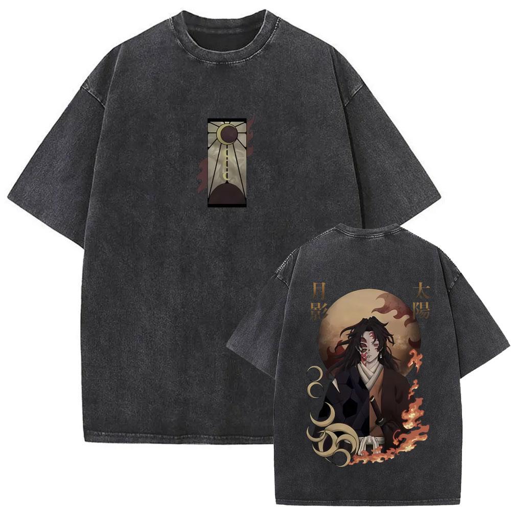 Washed Vintage Anime Demon Slayer Kokushibo & Tsugikuni Yoriichi Graphic T-shirts Men Women Cartoon Oversized T Shirts