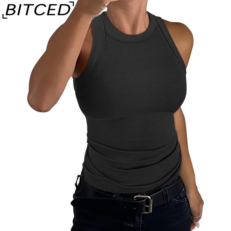 BITCED Женский летний облегающий топ-майка в рубчик с круглым вырезом S