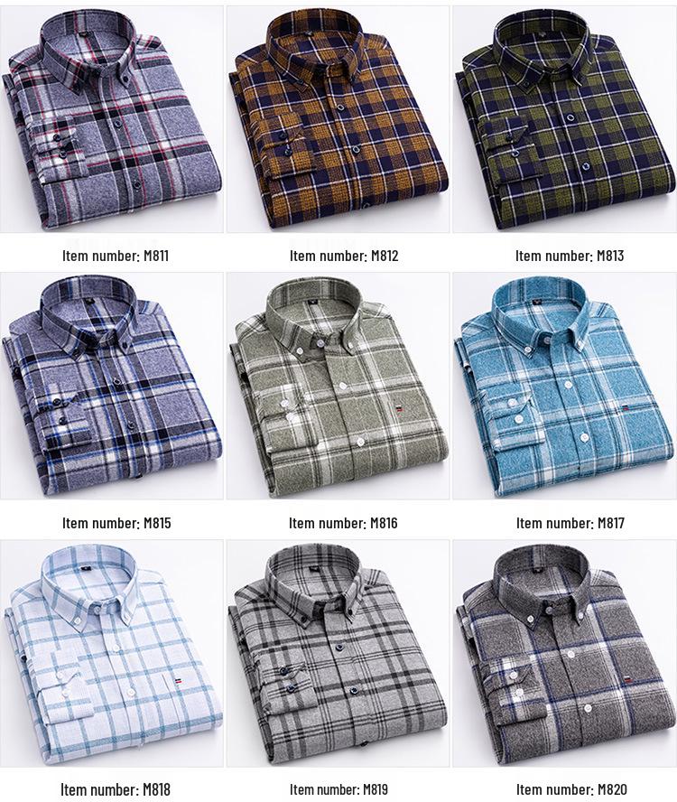 Men's Plaid Cotton Long Sleeve Slim Fit Shirt - Non-Iron, Plus Size, Casual Business Attire for Middle-Aged and Elderly