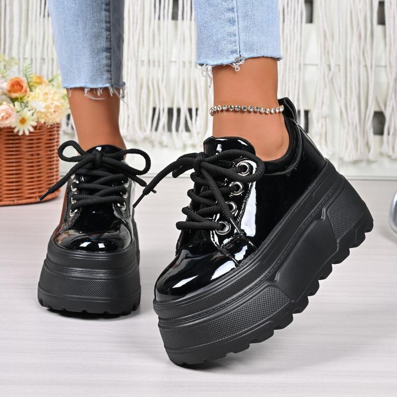 

Fashion Wedge Platform Sneakers Fall New Round Toe Spliced Front Lace-Up Anti-Slip Wear-Resistant Low-Top Shoes 35