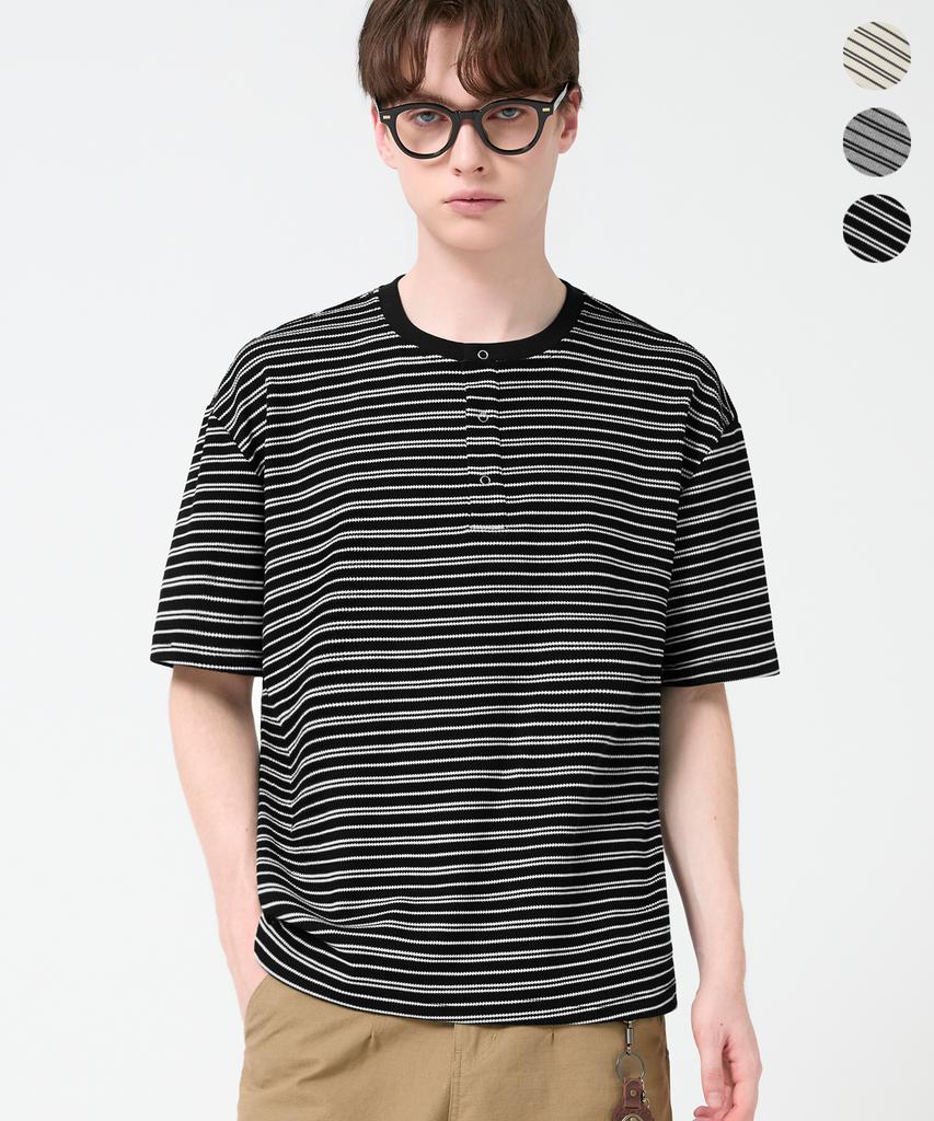 TRILLION Stripe Ring Snap Henley Neck Half Sleeve_3Color