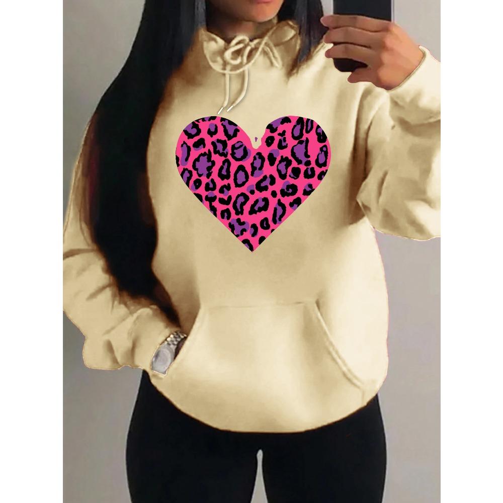 Pink Leopard Print Heart Printing Hoody Women Fashion Oversized Hoodie Pullover Autumn Fleece Clothes