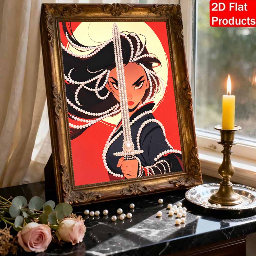 Disney Pearl Painting Mulan Red Sun Background Blend 5D DIY Pearl Picture Crafts for Adults/Beginners Gift Ideas Home Decor