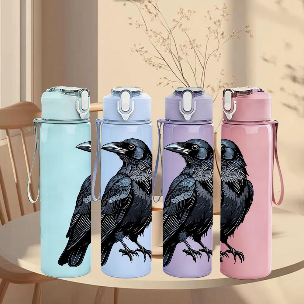 1PC Black Raven Bird Dark Pattern 750ml Color Plastic Sports Water Bottle Leakproof Flip Straw Lid Suitable for Sports Office Home Use