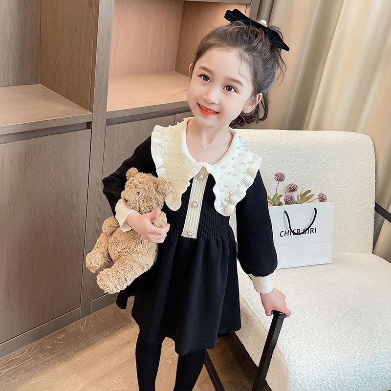 

Платье для девочек, новое осенне-зимнее теплое платье-свитер, детское платье принцессы, вязаное детское платье в стиле колледжа 150 чёрный