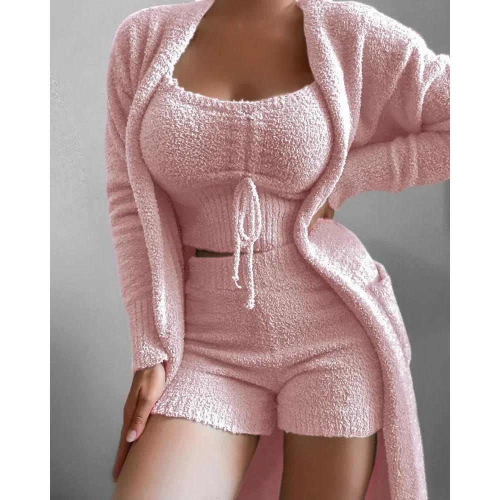 New Luxury Women's Plush Pajamas Set Crop Top+Long Pants+Coat 3 Pieces Suit Homewear Female Matching Sets Warm Pyjamas Pjs