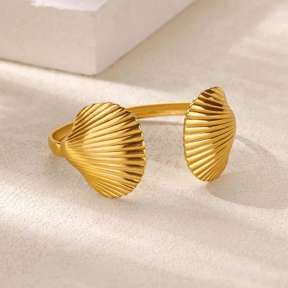 

Summer Waterproof Cuff Bangles Bracelet For Women Cute Flower Double Layer Open Stainless Steel Gold Color Star Shell Jewelry 50-61mm