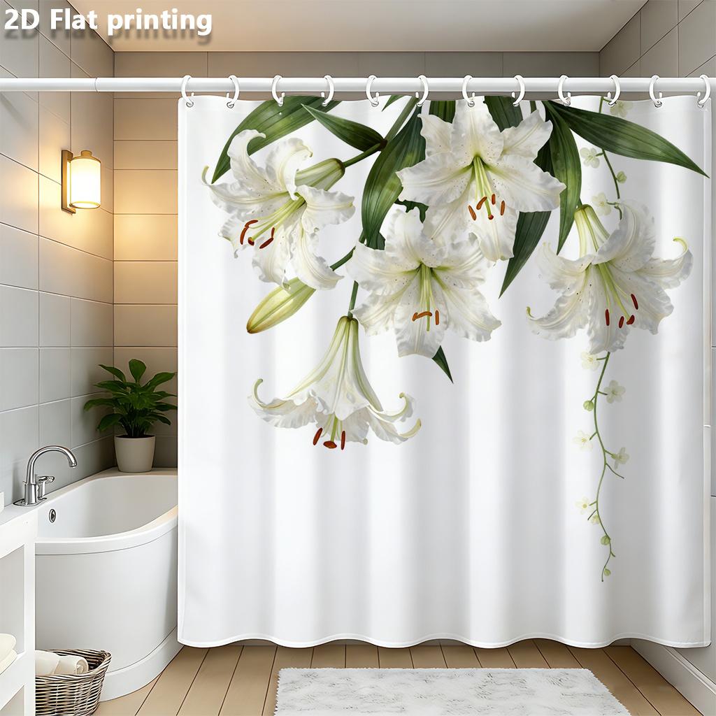 

White Lily Shower Curtain 1Pc Polyester 2D Flat Print 70.8X70.8 Realistic Floral Green Leaves Grommet Top W60H190(CM)-1 Pcs