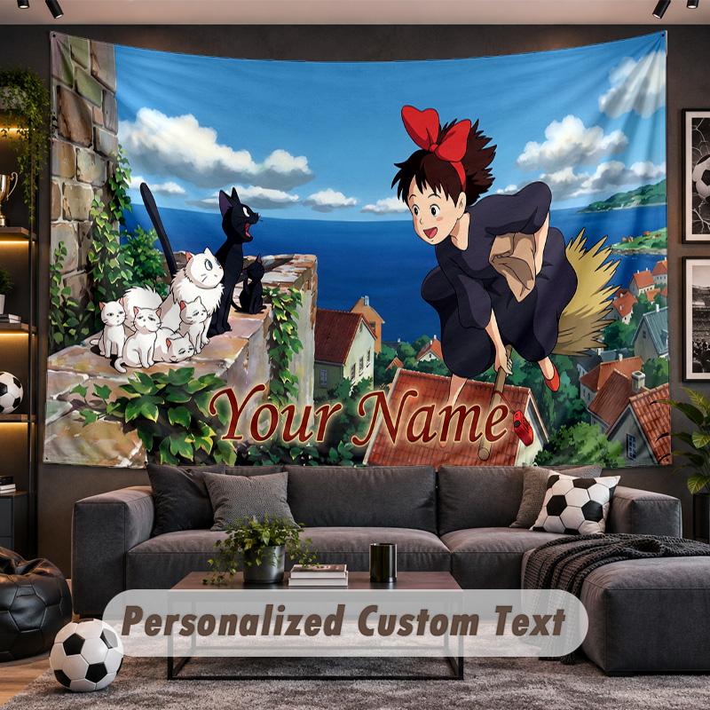 Kiki's Delivery Service Jiji Personalized Tapestry Support Custom Name, Wall Art Home Decoration