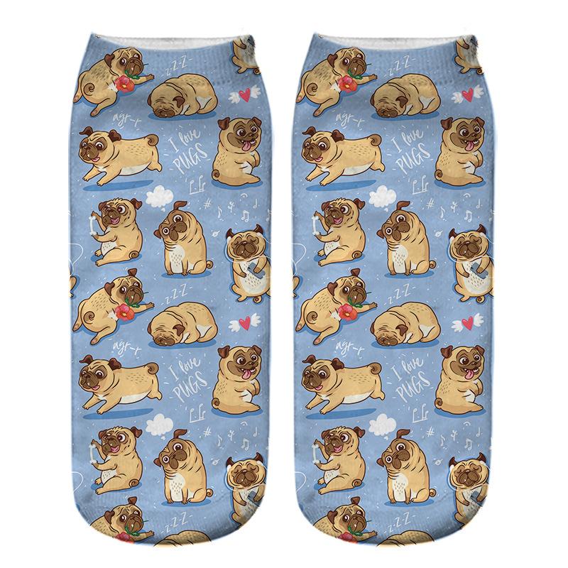 Kawaii 3D Pug Dog Print Short Socks Cotton Fashion Cute Japanese Soft Women Kawaii Animal Dogs Slippers Socks