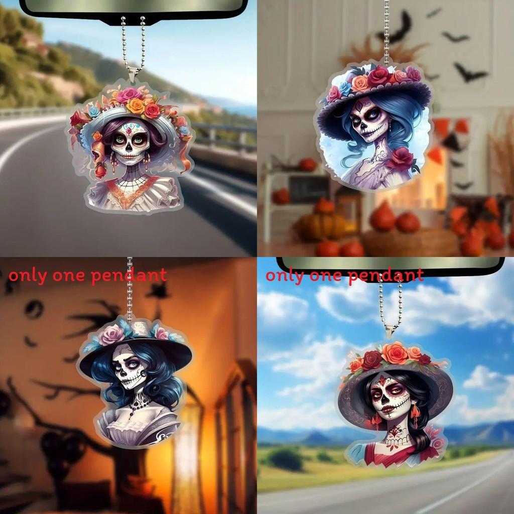 Car Decor Acrylic Halloween Cartoon Skull Flower Hat Design Pendant With Beaded Chain For Auto Interior