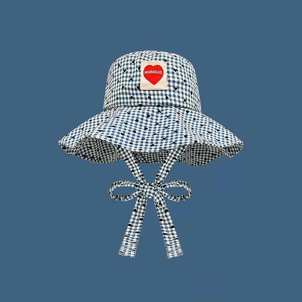Fashion Plaid Fisherman Hat for Women Black Heart Summer Wide Brim Sunshade Dome Basin Cap Korean Ladies Travel Lacing Hat