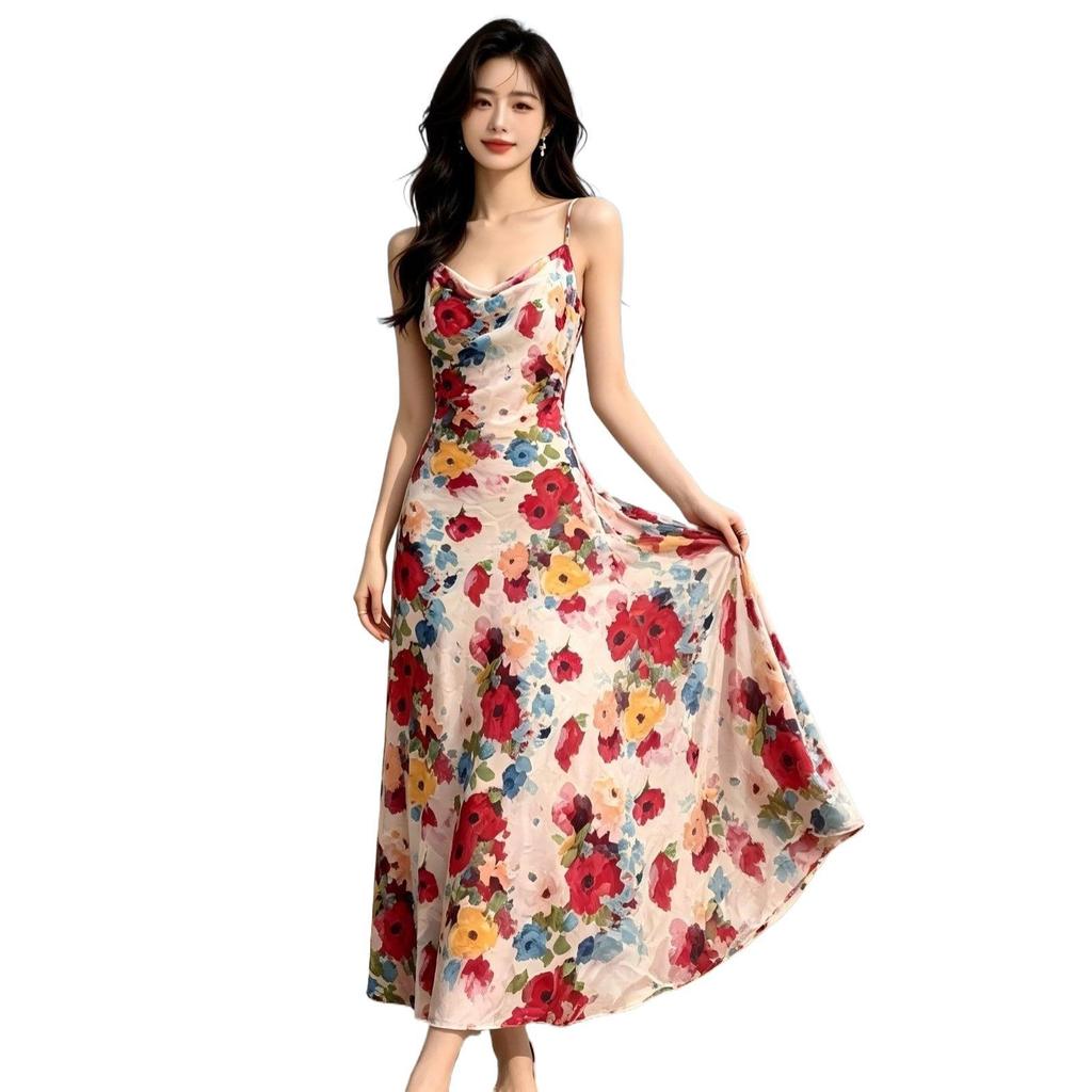 French holiday wind beach skirt waist printing oil painting suspender slim dress summer new A-shaped long skirt