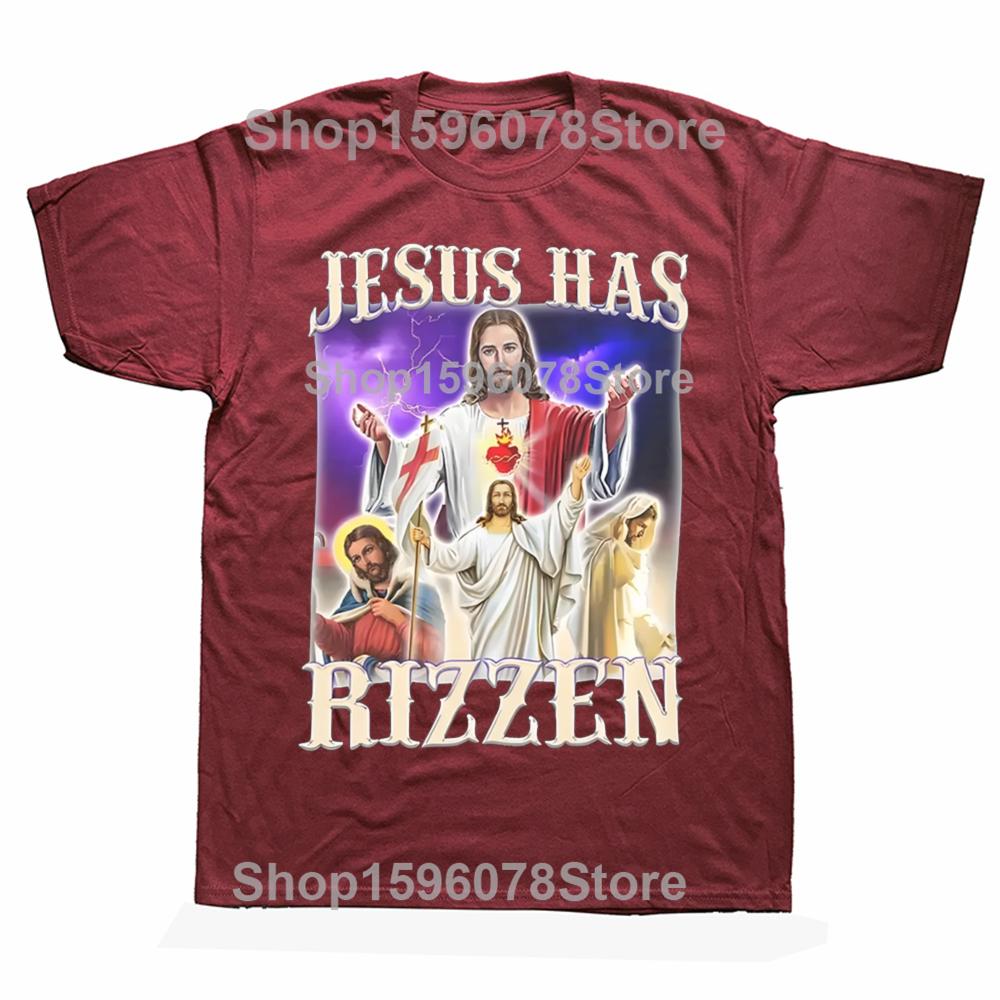 Men Women Jesus Has Rizzen Rizz Humor Christ Gift TShirts Apparel Cotton Funny Catholic Jesus Meme T Shirts Tee Clothes