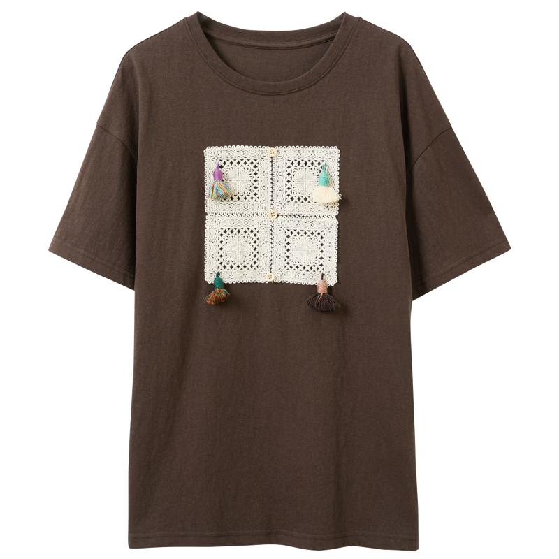 Sancai Floral Lace Drop Shoulder T-shirt M лесного ореха