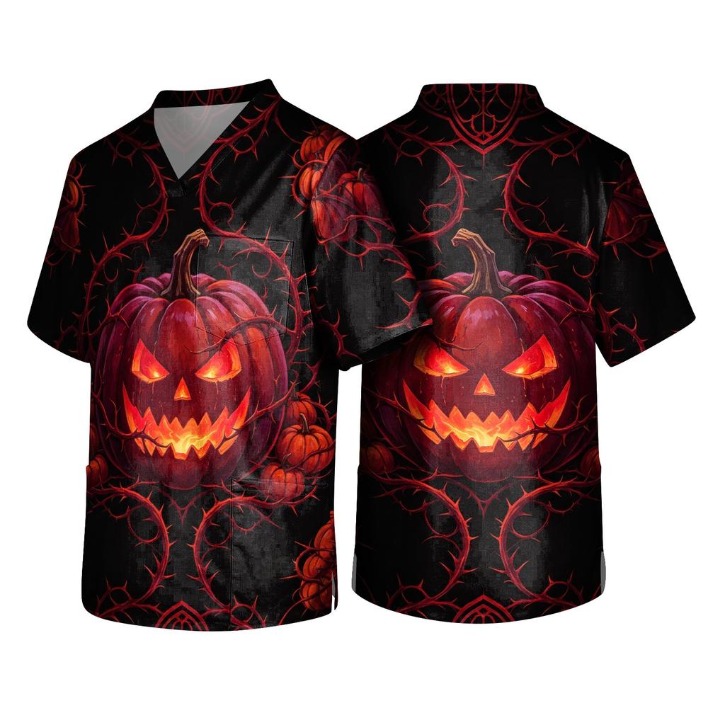 Men's Halloween Printed V-Neck Scrub Top Short Sleeve with Pockets for Work Uniform