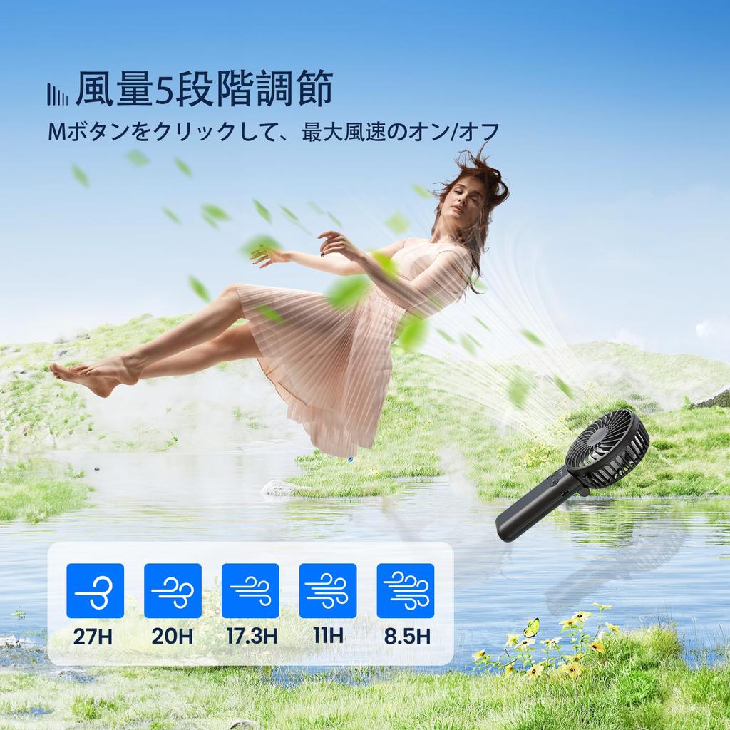 HandFan Portable USB Up To 27 Hours of 5 Speed Heatstroke Black Fan, 5200mAh, Portable, Quiet, Rechargeable, Powerful, Type-C, Operation, Settings,