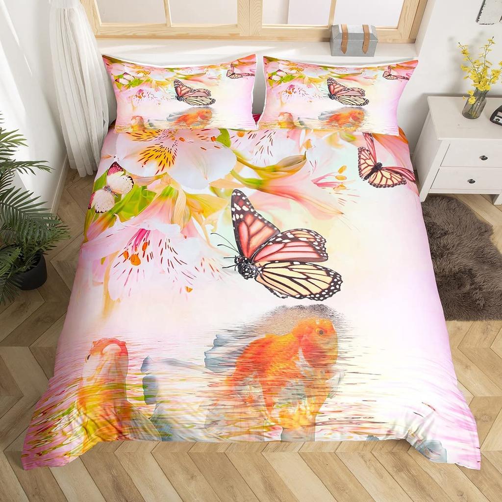 Butterfly and Flower Duvet Cover Girls Dream Animals Floral Comforter Cover Microfiber Romantic Theme Garden Flowers Bedding Set