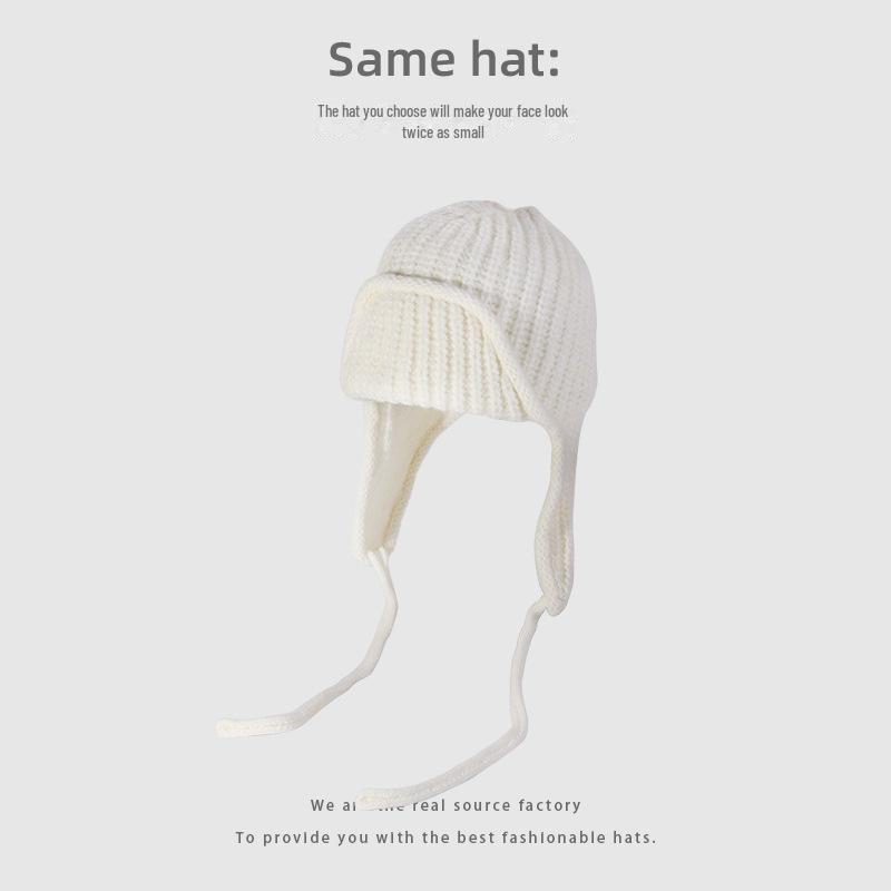 Korean Style Knitted Wool Earmuff Hat: Solid Color, Thickened for Autumn & Winter, with Strap, Unisex.
