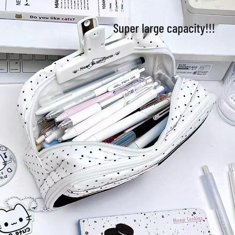 Japanese Polka Dot Cat Pencil Case - Large Capacity, Fresh Style Stationery for Students
