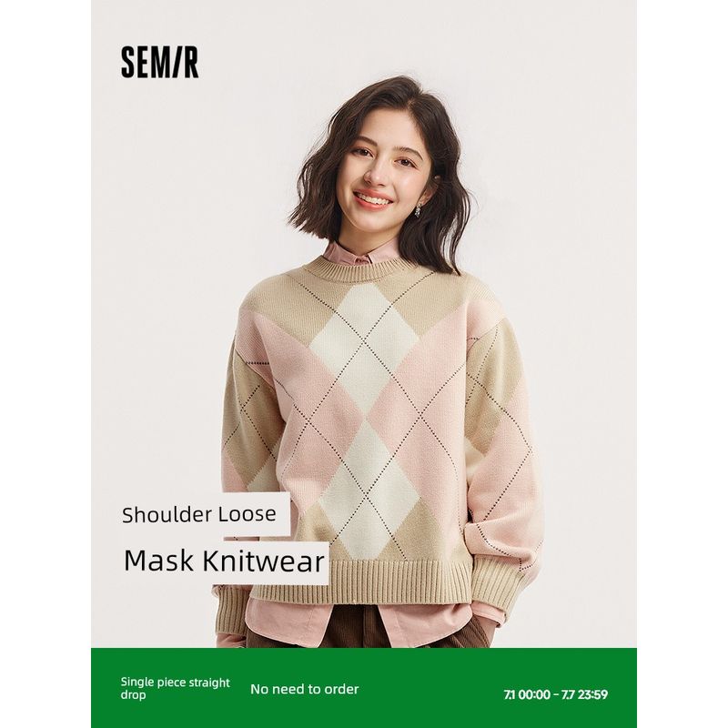 

Mori Soft Sweater | Same Style with Mall Senma Sweater Women s Diamond Lattice Contrast Color 2024 Winter New Arrival Drop Shoulder Loose Sweater Red Brown 00365 160/84A/M