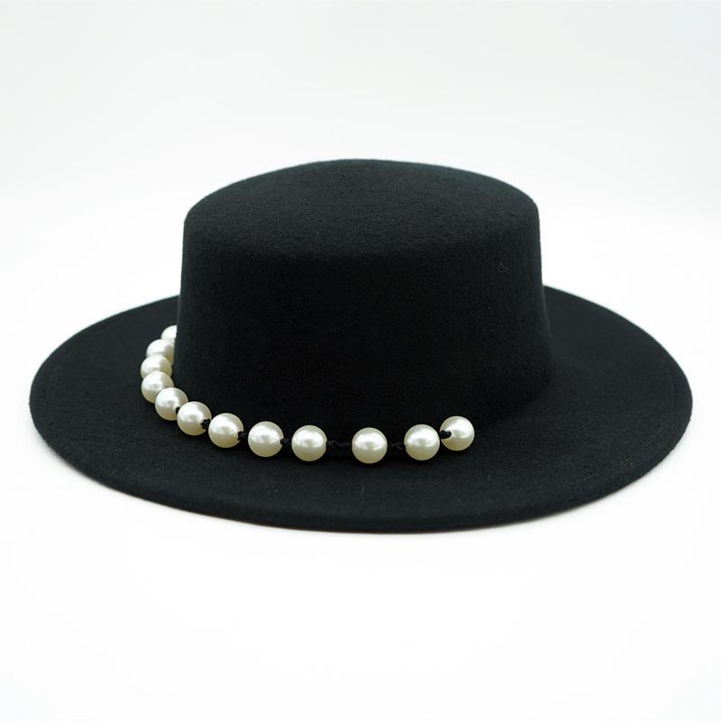 British Retro Black Woolen Flat Top Top Hat Women'S Autumn And Winter Pearl Chain Flat Brim Felt Hat Internet Celebrities Of The Same Style