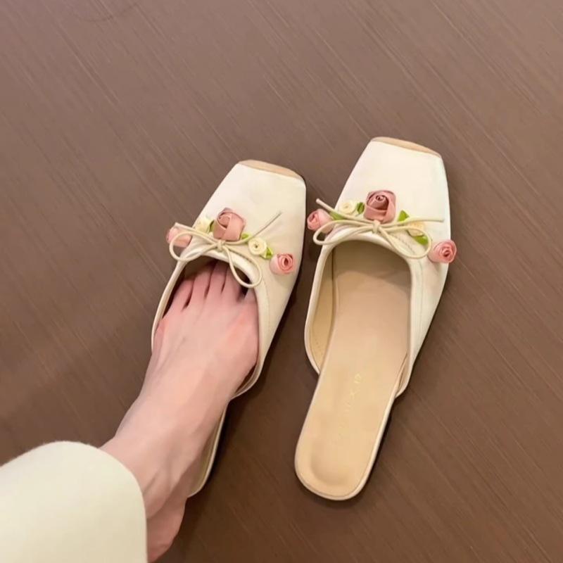2024 New Women Baotou Half Slippers Ladies Square Toe Thick Heel Muller Sandals for Outer Wear Flat Bottom Zapatos Mujer Summer