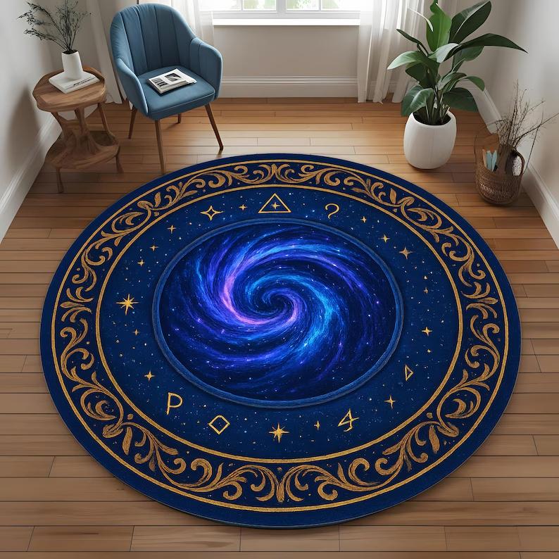 

2D Galaxy Vortex Round Area Rug Mystic Spiral Astrology Symbols Print Mat Boho Space Home Decor Soft Non-Slip Circular Carpet 80cm x 80cm