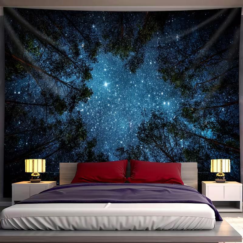 2D Starry Forest Tapestry Night Sky Through Pine Tree Canopy Wall Decor
