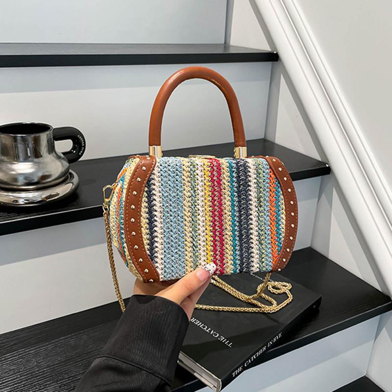 

2025 New Fashion Luxury Women s Rivet Straw Evening Bags High-grade Top Handle Handbags Popular Color Crossbody Shoulder Bag