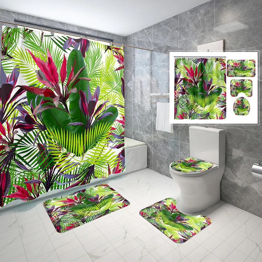 Elegant Leaves Big Flowers Print Shower Curtain With Hooks High Quality Waterproof Bathroom Curtain Bath Mat Set Home Decoration
