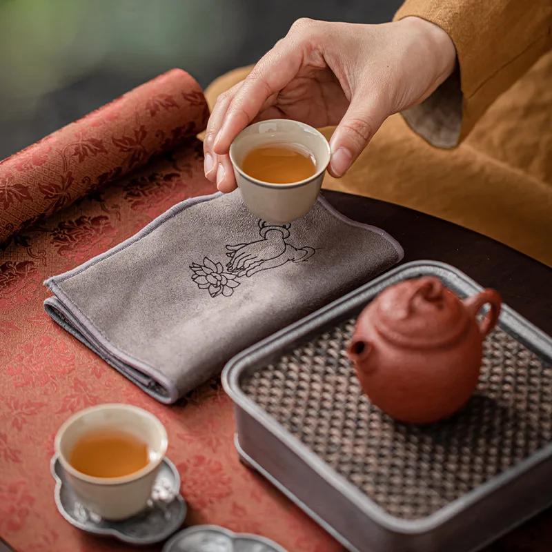 Thickened Absorbent Tea Towel | Soft Plush Imitation Deerskin Kitchen Cloth, Table Mat & Coaster Set - Tea Accessories for Home