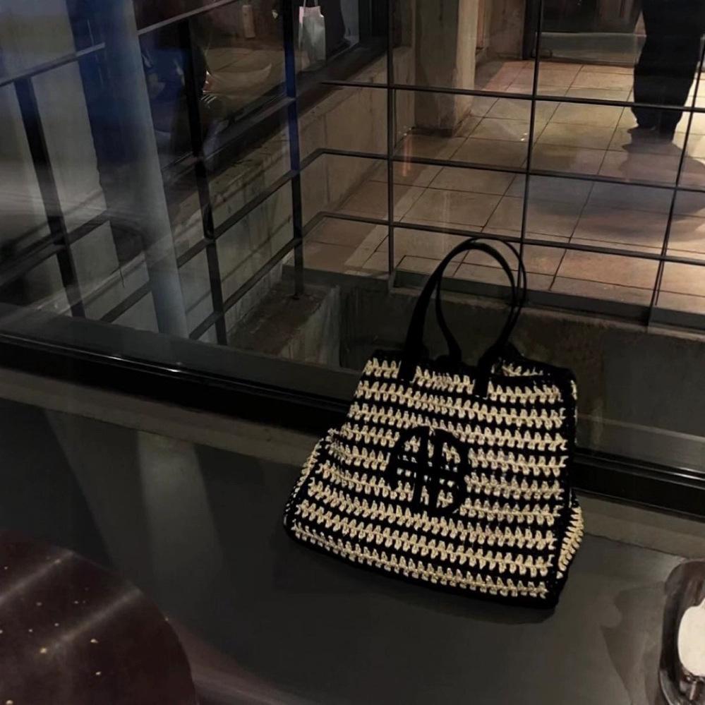 Borsa da spiaggia in paglia intrecciata con lettere AB, grande capacità, per vacanze al mare, da donna, a righe, stile semplice RIO City, borsa a mano casual da viaggio